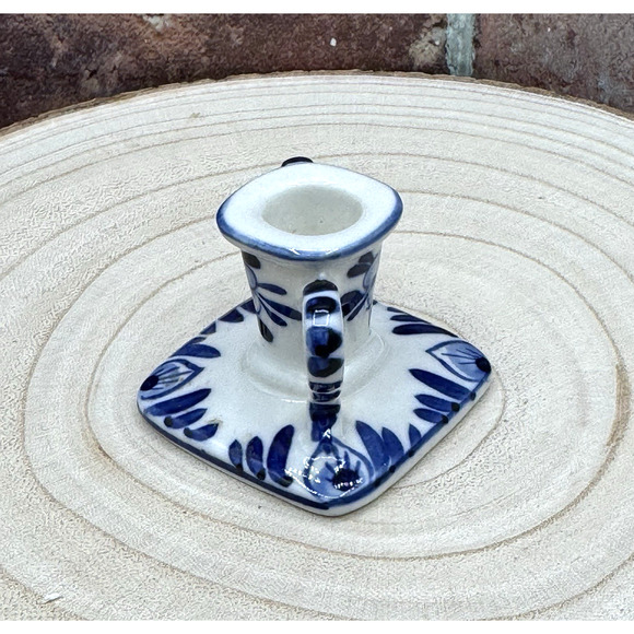 Vtg Mini Handpainted Delft Blue Ceramic Taper Candlestick Holder DBL Crown Mark - Picture 5 of 7